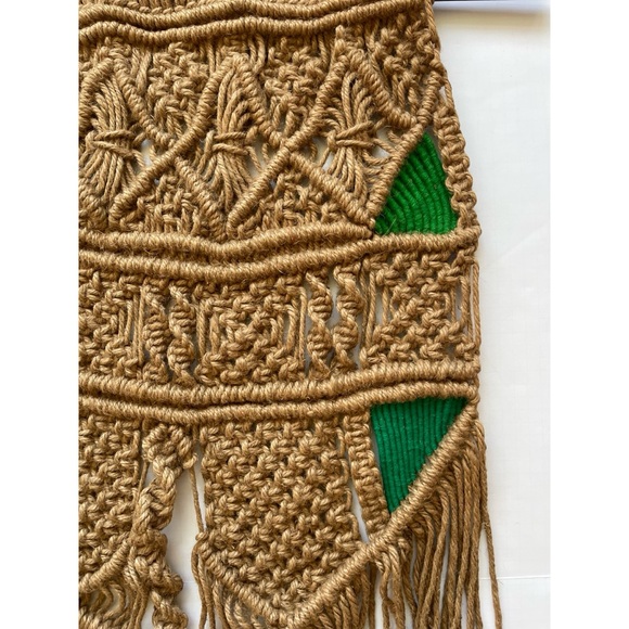 Vintage Large Jute Cord 70s Retro Macrame Wall Hanging with Green Weaving - Picture 5 of 8